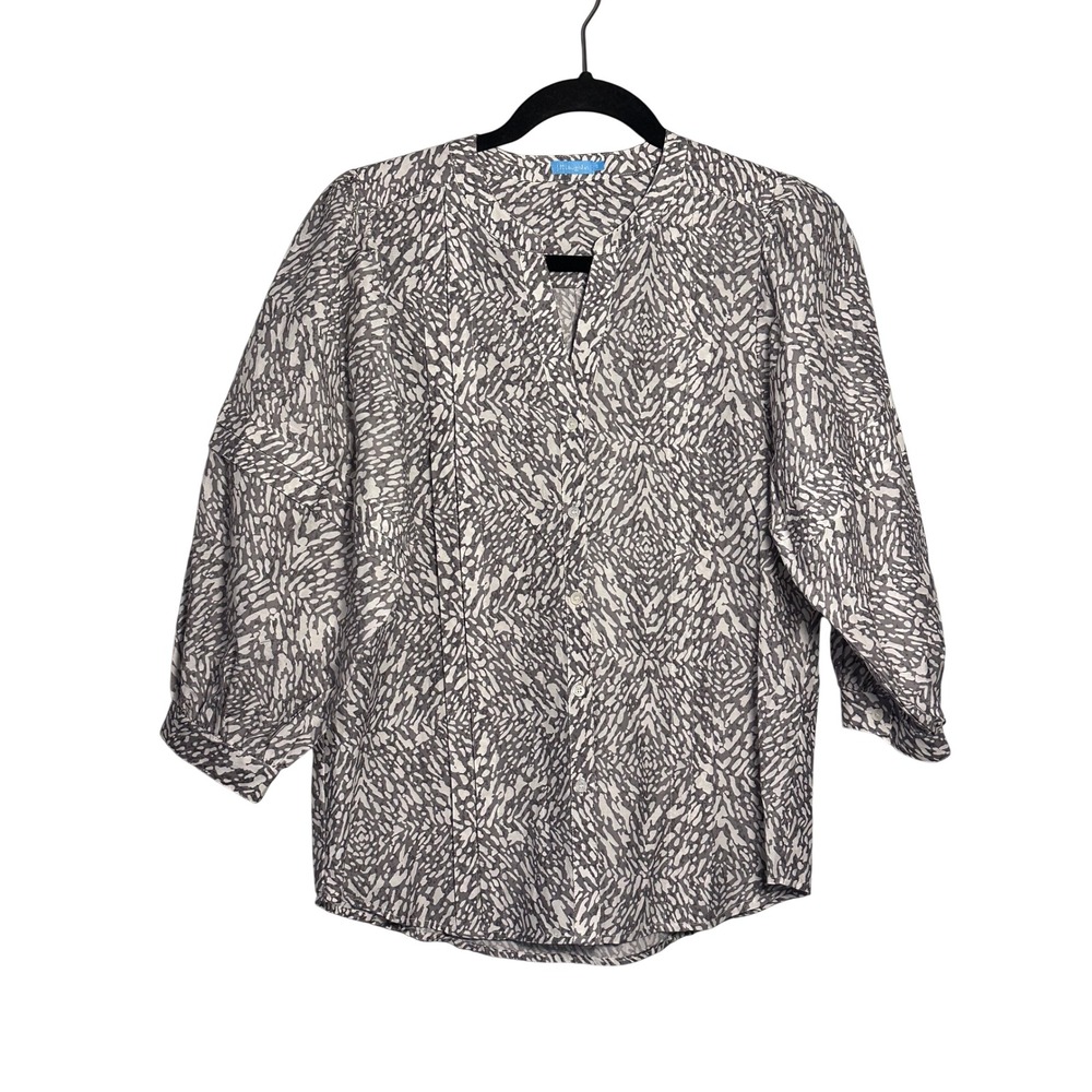 J.McLaughlin Womens Silk Viscose Abstract Print‎ Blouse Grey White 3/4 Sleeve S